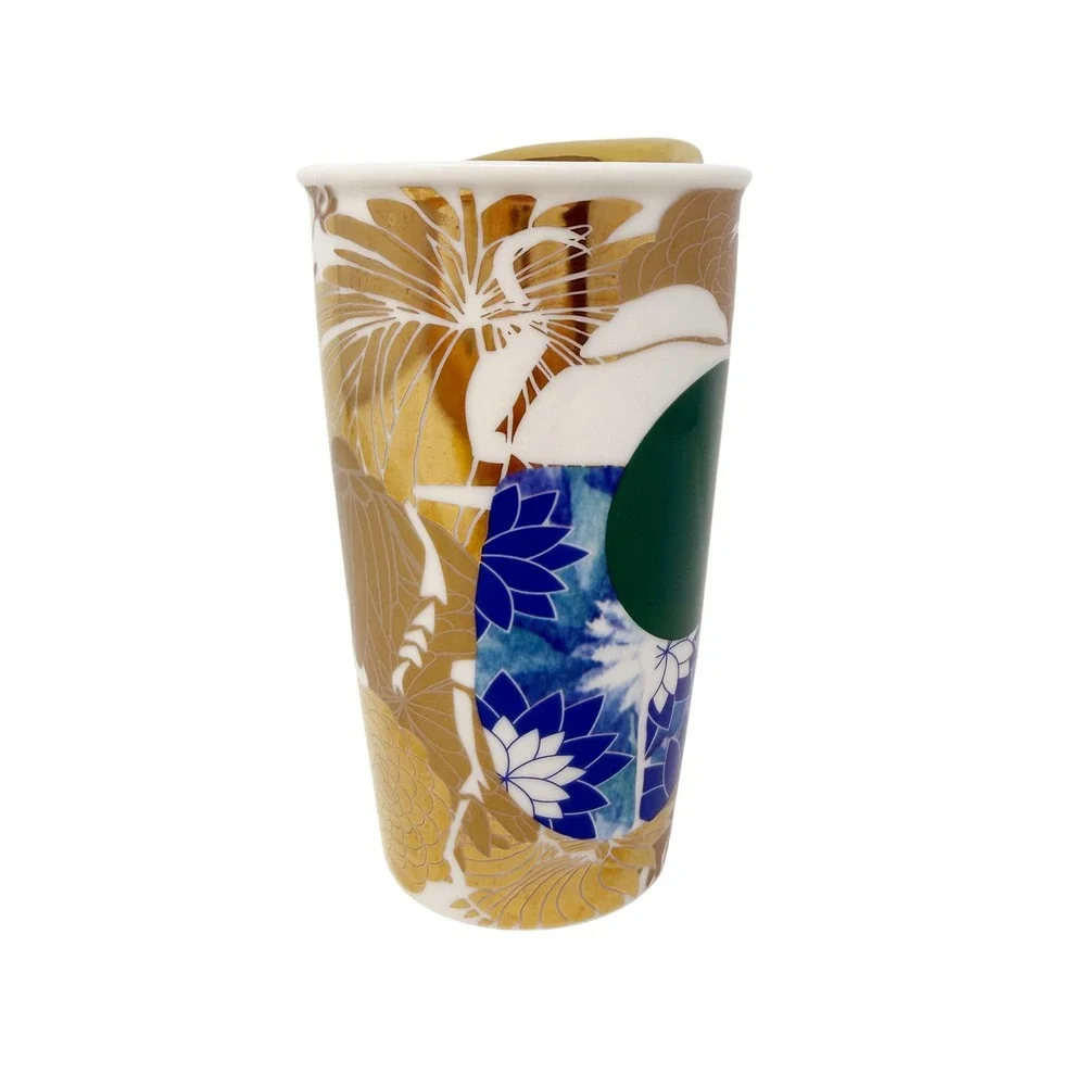 Starbucks 2014 Ceramic Beetle Flower‎ Traveler Dot Collection with Gold Lid